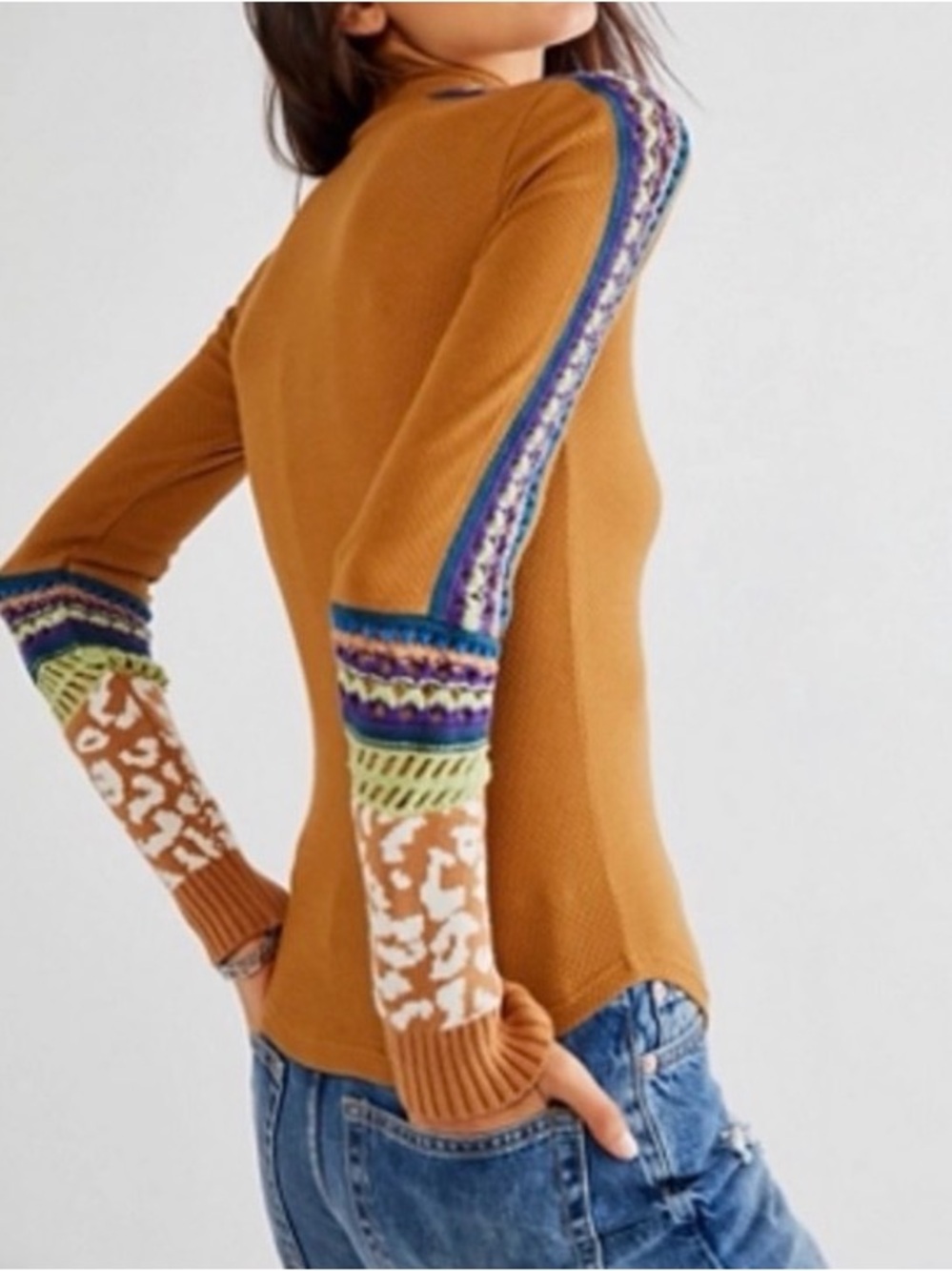 Free People Switch It Up Cuff Thermal Top Size XL Brown Shirt Long Sleeve EUC